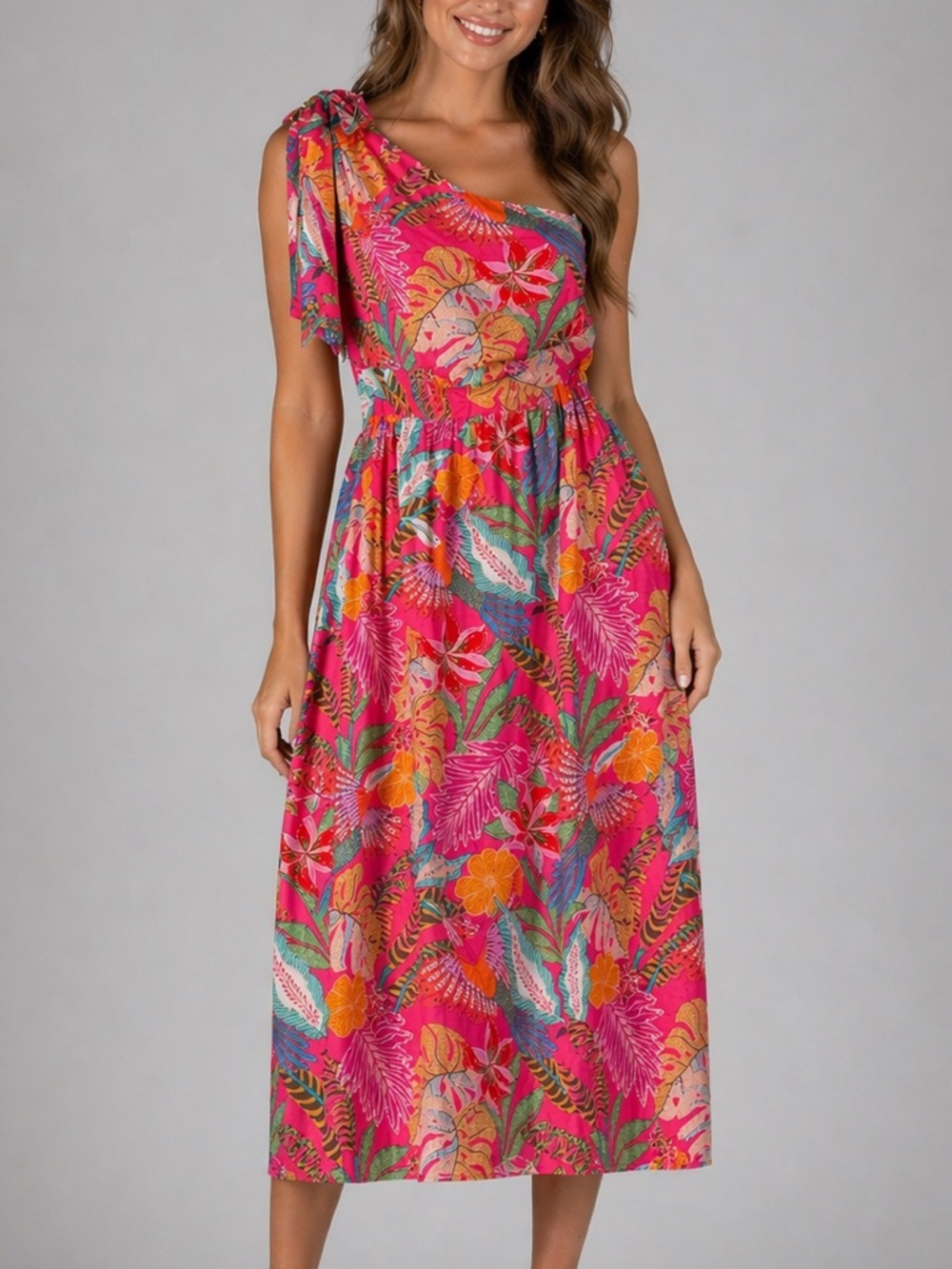 🆕 🦜Gibson Latimer Tropical Floral Midi Dress Pink Multi Cotton L Summer Resort